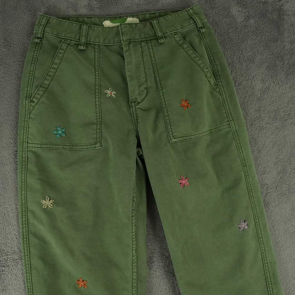 Anthropologie Pants Womens 27 Green Floral Embroidered Utility Straight Leg - Picture 1 of 9